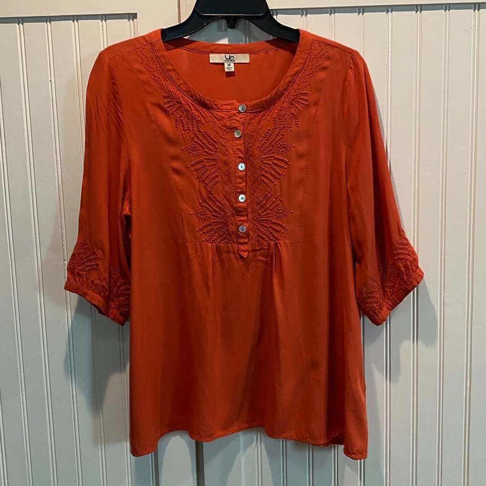 Burnt Orange Boho Embroidered Top - Size M